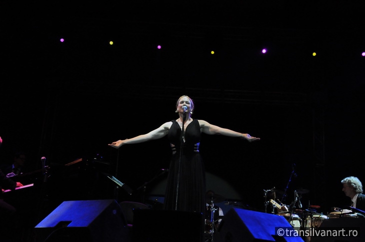 Vocalist from Pink Martini band performs live on the stage