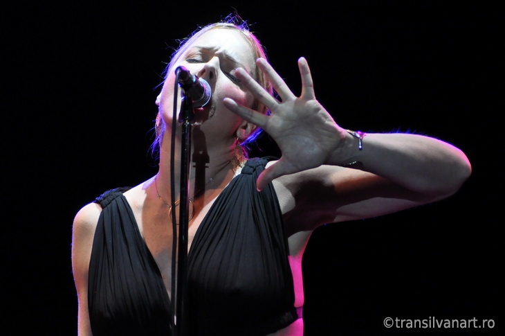 Vocalist from Pink Martini band performs live on the stage