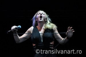 Vocalist from Pink Martini band performs live on the stage
