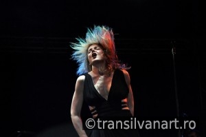 Vocalist from Pink Martini band performs live on the stage