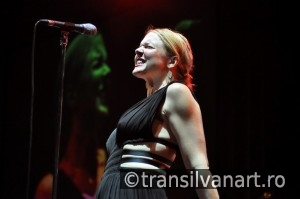 Vocalist from Pink Martini band performs live on the stage