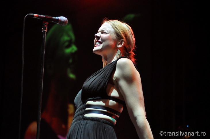 Vocalist from Pink Martini band performs live on the stage