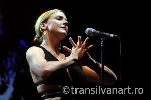 Vocalist from Pink Martini band performs live on the stage
