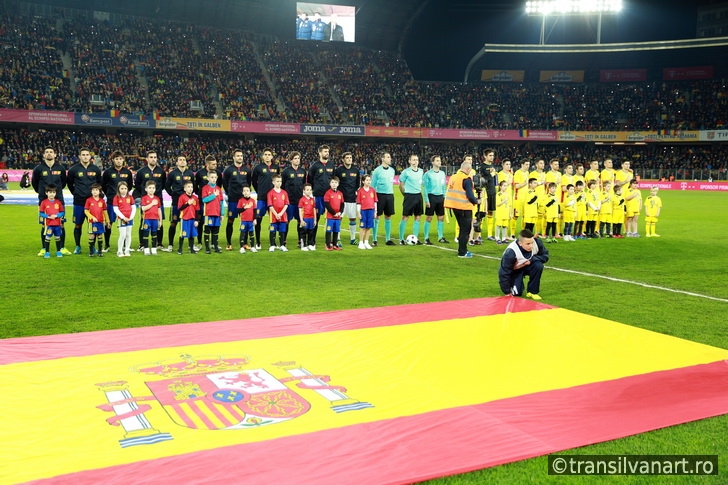 National Football Team of Spain and Romania pose for a group pho